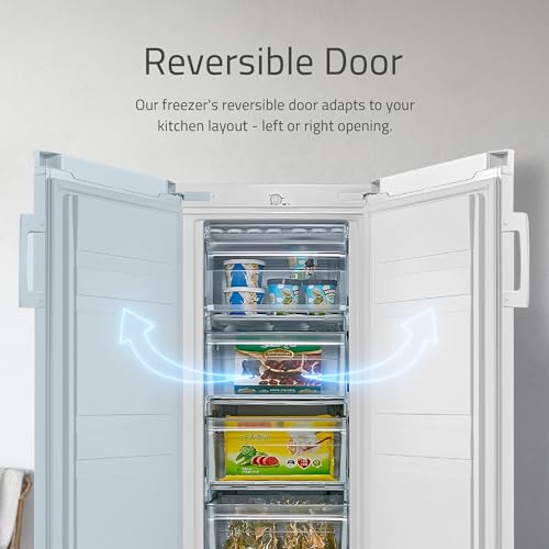 Cookology CTFZ160WH 160L Tall Freestanding Upright Freezer, 5 Large Freezer Drawers, Adjustable Temperature Control and Legs, Reversible door and 4 Star Freezer Rating - In White