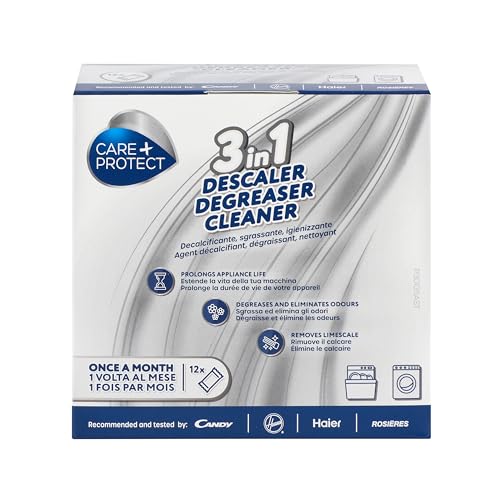 Care + Protect 3 in 1 Washing machine/Dishwasher Cleaner, Limescale Remover, Degreaser, Hygienic Cleaner, Universal, 12 Sachets for 12 Months Supply