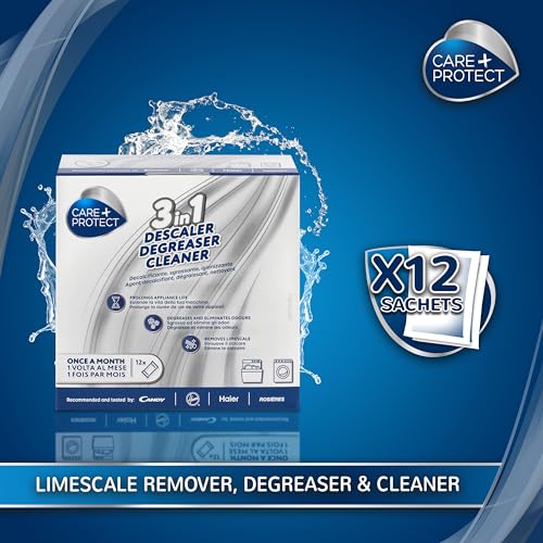 Care + Protect 3 in 1 Washing machine/Dishwasher Cleaner, Limescale Remover, Degreaser, Hygienic Cleaner, Universal, 12 Sachets for 12 Months Supply