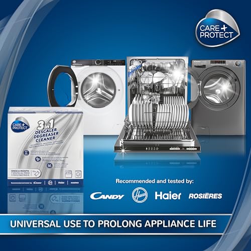 Care + Protect 3 in 1 Washing machine/Dishwasher Cleaner, Limescale Remover, Degreaser, Hygienic Cleaner, Universal, 12 Sachets for 12 Months Supply