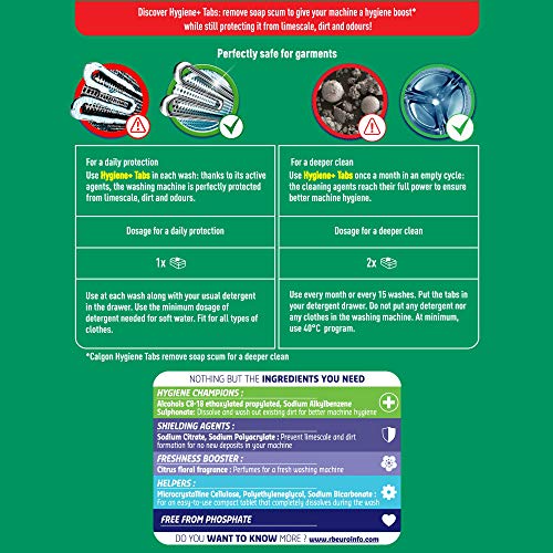 Calgon Hygiene Plus Washing Machine Water Softener, Hygienically cleans, 65 Tablets, Pack of 1