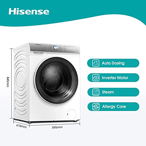 Hisense WFQR1014EVAJM 60cm Freestanding 10 KG Front Load Washing Machine - 1400 RPM - Auto Dosing - Pure Steam - Pause and Add - PureJet - White