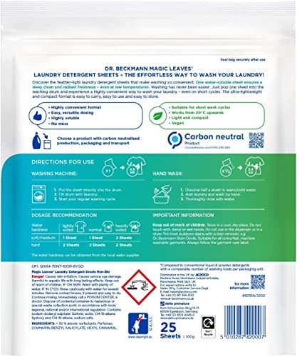 Dr. Beckmann MAGIC LEAVES Laundry Detergent Sheets NON-BIO | 25 Sheets