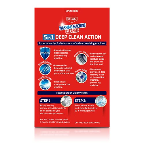 Dylon Washing Machine Cleaner 1 Use, 5-in-1 Washing Machine Cleaner, Freshener and Limescale Remover for Cleaning Washing Machines, Single Application Pack