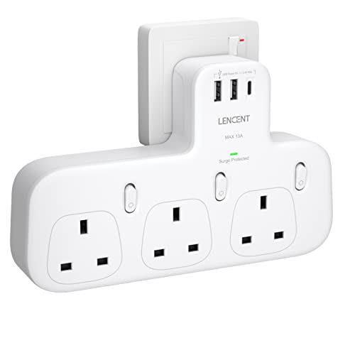3 Way Plug Extension with 1 USB C and 2 USB Ports, Surge Protected Multi Plug Adapter, LENCENT 3 AC Wall Charge Extender for Household Appliances, iPhone, Smartphone, Tablets, 13A 3250W