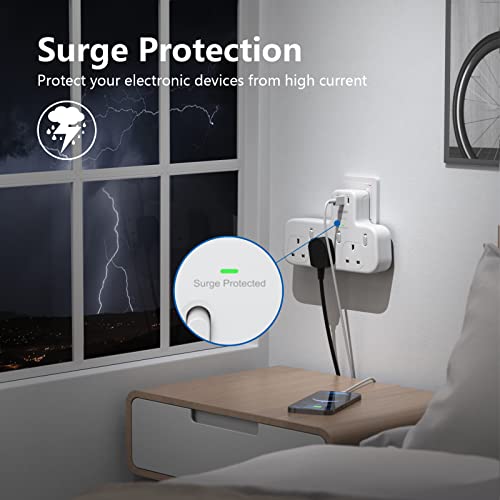 3 Way Plug Extension with 1 USB C and 2 USB Ports, Surge Protected Multi Plug Adapter, LENCENT 3 AC Wall Charge Extender for Household Appliances, iPhone, Smartphone, Tablets, 13A 3250W
