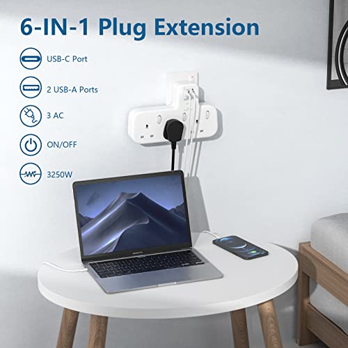 3 Way Plug Extension with 1 USB C and 2 USB Ports, Surge Protected Multi Plug Adapter, LENCENT 3 AC Wall Charge Extender for Household Appliances, iPhone, Smartphone, Tablets, 13A 3250W