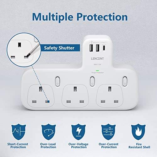 3 Way Plug Extension with 1 USB C and 2 USB Ports, Surge Protected Multi Plug Adapter, LENCENT 3 AC Wall Charge Extender for Household Appliances, iPhone, Smartphone, Tablets, 13A 3250W