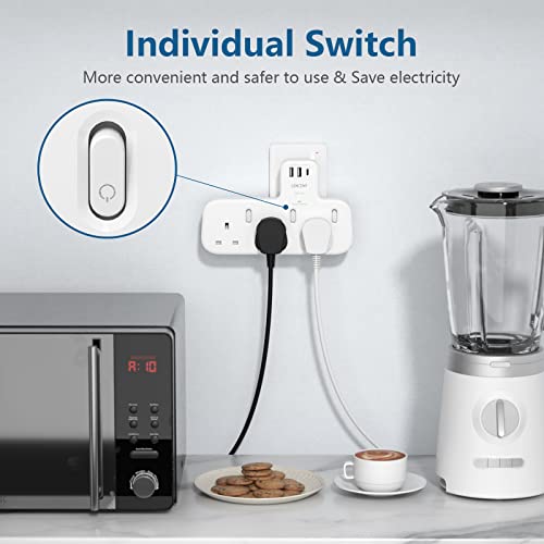 3 Way Plug Extension with 1 USB C and 2 USB Ports, Surge Protected Multi Plug Adapter, LENCENT 3 AC Wall Charge Extender for Household Appliances, iPhone, Smartphone, Tablets, 13A 3250W