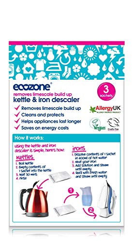 Ecozone Kettle and Iron Descaler, Internal Cleaner & Scale Remover for Kitchen & Home Appliances, limescale Prevention Sachets, Easy To Use, Natural Vegan & Non Toxic Eco-Safe Formula (3 Treatments)