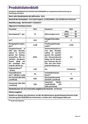 Beko BDFN26420W Freestanding Dishwasher, Room for 14 Places Settings, ProSmart Inverter Motor, 6 Programmes, WaterSafe+