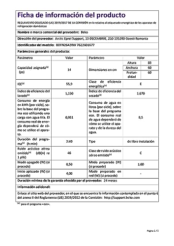 Beko BDFN26420W Freestanding Dishwasher, Room for 14 Places Settings, ProSmart Inverter Motor, 6 Programmes, WaterSafe+