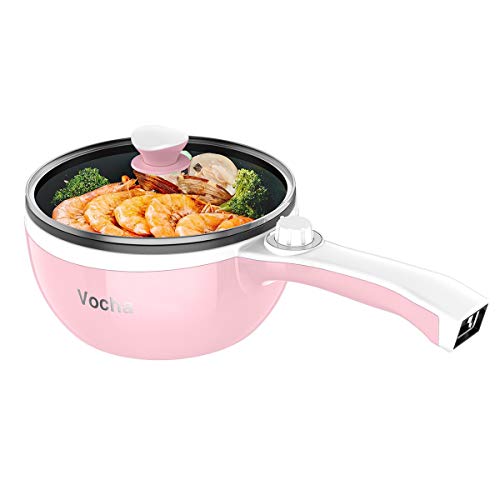Vocha Electric Hot Pot, 1.5L Mini Portable Electric Pan Non-Stick, Multi-Cooker with Lid for Travel/Dormitory, Silicone Spatula Included (Pink)