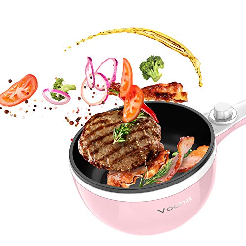 Vocha Electric Hot Pot, 1.5L Mini Portable Electric Pan Non-Stick, Multi-Cooker with Lid for Travel/Dormitory, Silicone Spatula Included (Pink)