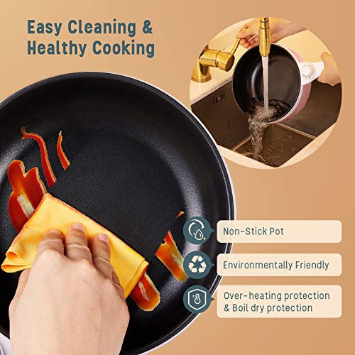 Vocha Electric Hot Pot, 1.5L Mini Portable Electric Pan Non-Stick, Multi-Cooker with Lid for Travel/Dormitory, Silicone Spatula Included (Pink)