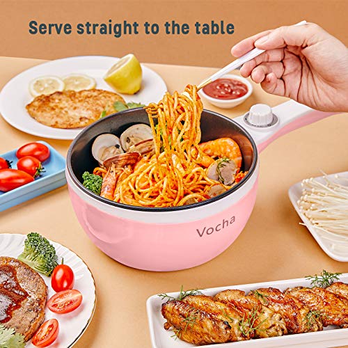 Vocha Electric Hot Pot, 1.5L Mini Portable Electric Pan Non-Stick, Multi-Cooker with Lid for Travel/Dormitory, Silicone Spatula Included (Pink)