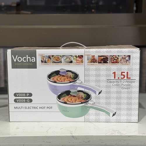 Vocha Electric Hot Pot, 1.5L Mini Portable Electric Pan Non-Stick, Multi-Cooker with Lid for Travel/Dormitory, Silicone Spatula Included (Pink)