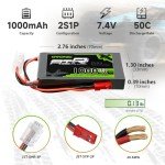 OVONIC 2s Lipo Battery 50C 1000mAh 7.4V Lipo Battery with JST Connector for RC FPV Racing Drone Quadcopter(2 Packs)