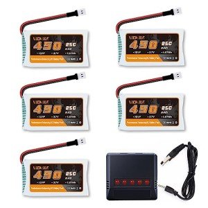 VICMILE 3.7V Lipo Battery 450mAh 25C RC Drone Batteries with 5-in-1 Charger Molex Plug Compatible with Most SYMA and Holystone Quadcopters, Aircraft Models and Mini RC Drones 5PCS