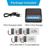 Crazepony 5PCS 3.7V Lipo Battery USB Charger, Drone Batteries 400mAh Lipo Battery with 5in1 Battery Charger for H99W H31 H6C H98 TR-C385 TR-P51 TR-F22 Quadcopter Parts Rechargable Batteries