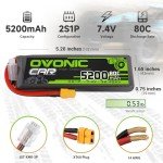 OVONIC Lipo Battery 2S 5200mAh 7.4V 80C Battery with XT60 Plug Soft Case for 1/8 1/10 RC Vehicles Car Slash RC Buggy Truggy Airplane UAV Drone(2 Packs)