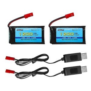 AMZZN 2PCS 3.7V 1200mAh 30C Lipo Battery with USB Charging Cable JST Plug for MJX T04 T05 T25 X900 X9TW V2400HD V2450FPV V2450GPS RC Drone (2 Battery + 2 USB)