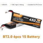 Crazepony 6pcs 1S Battery BT2.0 3.8V 150C 450mAh 1S Lipo Battery with BT2.0 Connector for 1S FPV Tiny Whoop 1S Brushless Whoop Drone