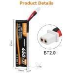Crazepony 6pcs 1S Battery BT2.0 3.8V 150C 450mAh 1S Lipo Battery with BT2.0 Connector for 1S FPV Tiny Whoop 1S Brushless Whoop Drone