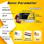 TATTU 850mAh 11.1V 75C 3S LiPo Battery Pack with XT60 Plug for Multirotor FPV 150 180 Size Quadcopter