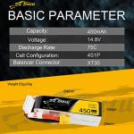 Gens ace Tattu 4S Lipo Battery 14.8V 450mah 75C Lipo Battery XT30 Plug for H Frame Mini RC Racing Drone FPV