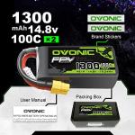 OVONIC 4s Lipo Battery 100C 1300mAh 14.8V Lipo Battery with XT60 Connector for RC FPV Racing Drone Quadcopter(2 Packs)