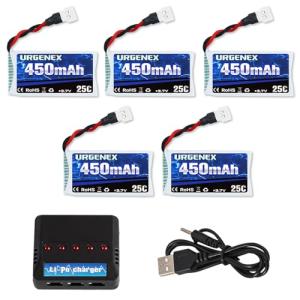 URGENEX 5PCS 3.7V 450mAh Drone Battery 25C 1S Lipo Battery with Molex Plug 5in1 Charger for SYMA Q11 AT-96 TR-C385 TR-P51 TR-F22 H99W H31 H6C H98 Holy Stone HS170G HS170 HS170C HS230 Drone Quadcopter