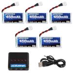 URGENEX 5PCS 3.7V 450mAh Drone Battery 25C 1S Lipo Battery with Molex Plug 5in1 Charger for SYMA Q11 AT-96 TR-C385 TR-P51 TR-F22 H99W H31 H6C H98 Holy Stone HS170G HS170 HS170C HS230 Drone Quadcopter