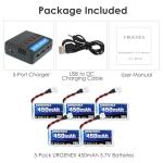 URGENEX 5PCS 3.7V 450mAh Drone Battery 25C 1S Lipo Battery with Molex Plug 5in1 Charger for SYMA Q11 AT-96 TR-C385 TR-P51 TR-F22 H99W H31 H6C H98 Holy Stone HS170G HS170 HS170C HS230 Drone Quadcopter