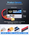 Zeee Premium Pro 1550mAh 4S Lipo Battery 14.8V 150C Ultra-Low IR Soft Pack RC Battery with XT60 Plug for FPV Drone Quadcopter Racing Helicopter Airplane RC Boat RC Car RC Models(2 Pack)