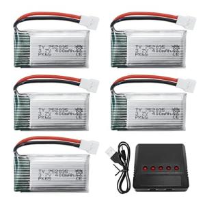 5PCS 3.7V 400mAh High Rate Lithium Battery with 5 in 1 Charger for Hubsan H107C H107L SYMA Q11 X11C HS170C F180C TOZO Q2020 E016H A120 XK A150 H31 TR-P51 TR-F22 AT-96 Four-Axis Aircraft…