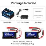URGENEX 7.4V Lipo 2S 30C 450mAh Rechargeable Lipo with JST & PH2.0 Plug SCX24 with 1to2 USB Charger Fit for Most 1/10, 1/16, 1/18, 1/24 Scale RC Car Truck and RC Drone Airplane