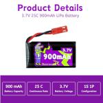 Raebatuol 900mAh 3.7V 932540 Lipo Battery with JST Plug for MJX Syma Holy Stone Sky Viper RC Quadcopter Drone X56W X400 X400W X300C X400C X800 HS110 HS200 S670 V950hd S1750 V2450-4Pcs with Chargrer