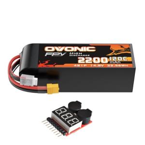 OVONIC 4s Lipo Battery 120C 2200mAh 14.8V Lipo Battery with XT60 Connector forRC FPV Racing Drone Quadcopter(with Lipo Voltage Checker)
