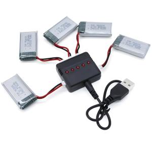 Tosiicop 3.7V 400Mah Lipo Battery - 5Pcs Drone Batteries with 5-in-1 USB Charger for Syma Q11 H99W H31 H6C H98 TR-C385 TR-P51 TR-F22 Quadcopter Parts Aircraft Drones Lithium Battery Rechargeable AT-96