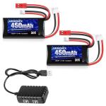 URGENEX 7.4V Lipo 2S 30C 450mAh Rechargeable Lipo with JST & PH2.0 Plug SCX24 with 1to2 USB Charger Fit for Most 1/10, 1/16, 1/18, 1/24 Scale RC Car Truck and RC Drone Airplane
