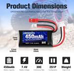 URGENEX 7.4V Lipo 2S 30C 450mAh Rechargeable Lipo with JST & PH2.0 Plug SCX24 with 1to2 USB Charger Fit for Most 1/10, 1/16, 1/18, 1/24 Scale RC Car Truck and RC Drone Airplane
