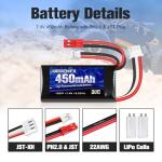 URGENEX 7.4V Lipo 2S 30C 450mAh Rechargeable Lipo with JST & PH2.0 Plug SCX24 with 1to2 USB Charger Fit for Most 1/10, 1/16, 1/18, 1/24 Scale RC Car Truck and RC Drone Airplane