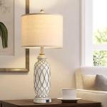 SRJJRS Farmhouse Table Lamps for Bedroom Set of 2, 28" Rustic Bedside Lamp with USB Ports, 3-Way Dimmable Nightstand Table Lamp for Living Room with Linen Drum Shade (Bulbs Included)