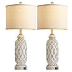 SRJJRS Farmhouse Table Lamps for Bedroom Set of 2, 28" Rustic Bedside Lamp with USB Ports, 3-Way Dimmable Nightstand Table Lamp for Living Room with Linen Drum Shade (Bulbs Included)