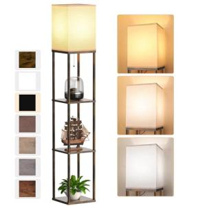 Floor Lamp with Shelves for Living Room Brown, Shelf Floor Lamp with 3 CCT LED Bulb, Corner Display Standing Column Lamp Etagere Organizer Tower Nightstand with White Linen Shade for Bedroom