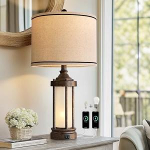 G-SAFAVA 25'' Table Lamp for Living Room Bedroom Farmhouse Metal Lamps with 2 USB Ports, Built-in Frosted Glass Night Light Vintage Industrial Nightstand Bedside End Lamp, 2 Bulbs Included, Bronze