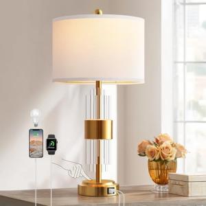 QiMH Gold Table Lamp for Living Room with USB A+C Ports, Bedside Lamps for Bedrooms with Touch Control USB Ports, Modern Nightstand Lamp White Lamp Shade Home Light Decor (2700K LED Bulb Included)