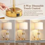 QiMH Gold Table Lamp for Living Room with USB A+C Ports, Bedside Lamps for Bedrooms with Touch Control USB Ports, Modern Nightstand Lamp White Lamp Shade Home Light Decor (2700K LED Bulb Included)