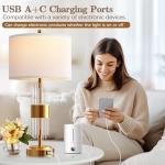 QiMH Gold Table Lamp for Living Room with USB A+C Ports, Bedside Lamps for Bedrooms with Touch Control USB Ports, Modern Nightstand Lamp White Lamp Shade Home Light Decor (2700K LED Bulb Included)